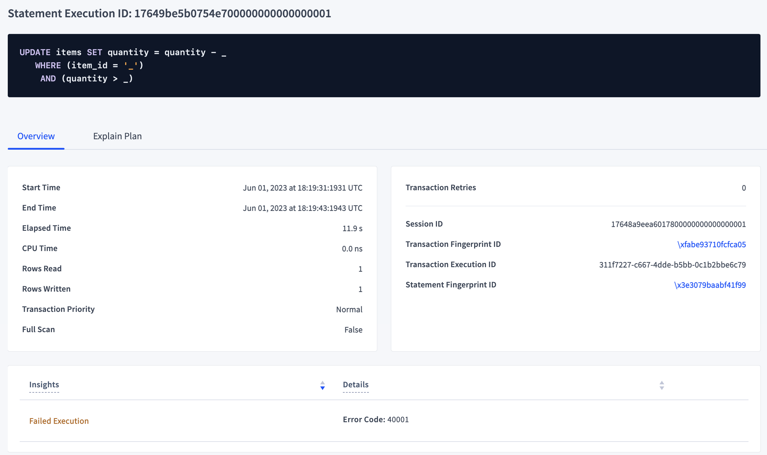 Failed statement execution details